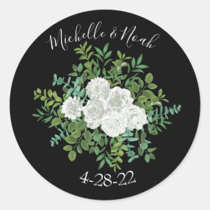 Black White Rose Wedding Elegant Modern Classic Round Sticker