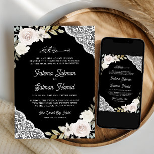 Black White Roses Lace Islamic Muslim Wedding Invitation