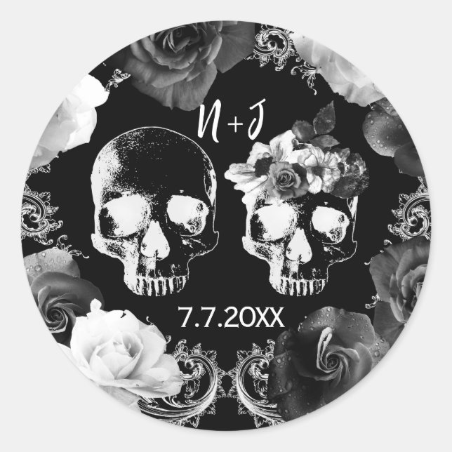 Black White Roses Skeleton Skull Gothic Wedding   Classic Round Sticker (Front)