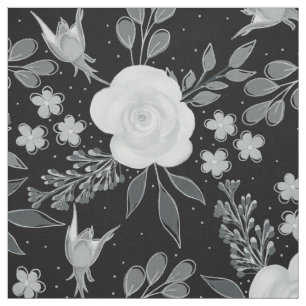Black White Roses Watercolor Painting Fabric