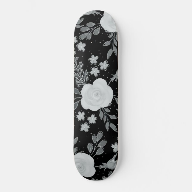 Black White Roses Watercolor Painting Skateboard (Front)