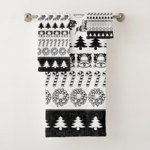 Black/White Rows Christmas Font Art Pattern Bath Towel Set