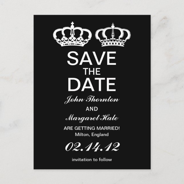 Black White Royal Couple Save the Date Announcement Postcard (Front)