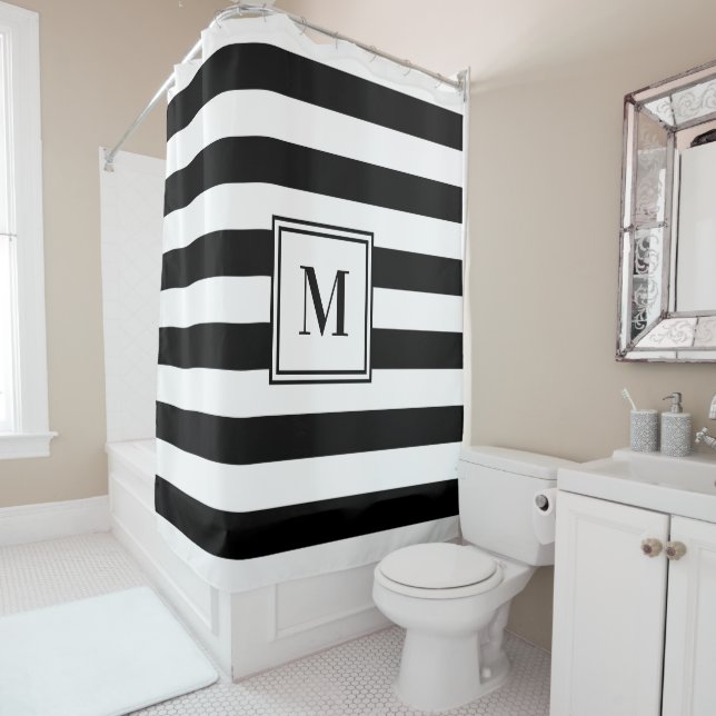 Black White Rugby Stripes Monogram Bathroom (In Situ)