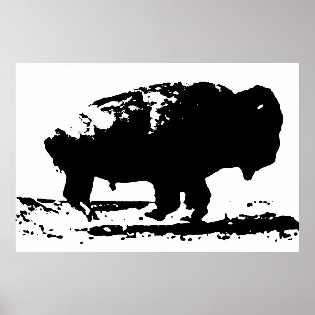 Black & White Running Buffalo Silhouette Pop Art Poster (Front)