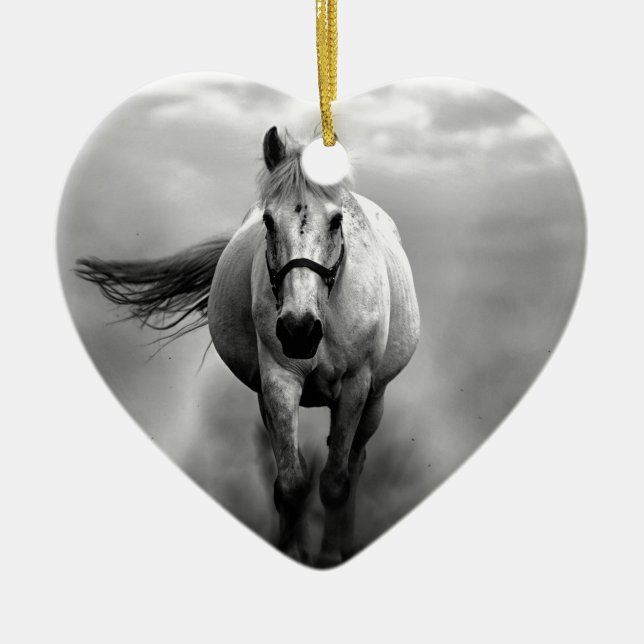 Black White Running Horse Freedom Ceramic Ornament (Front)