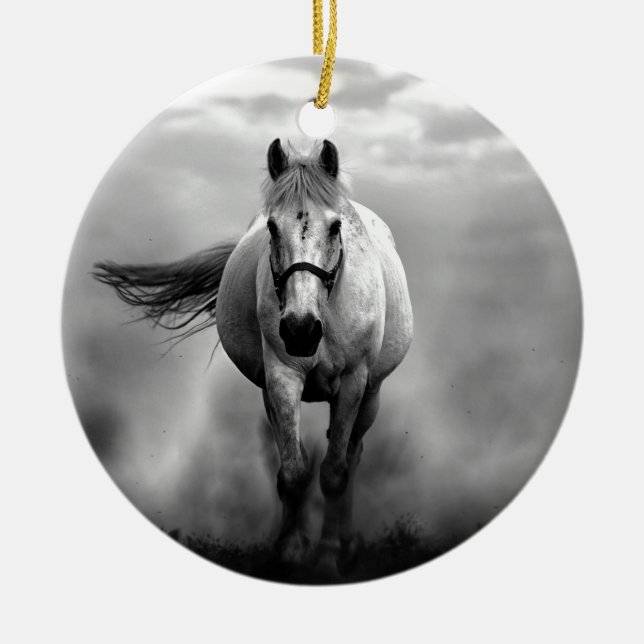Black White Running Horse Freedom Ceramic Ornament (Front)