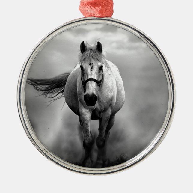 Black White Running Horse Freedom Metal Ornament (Front)