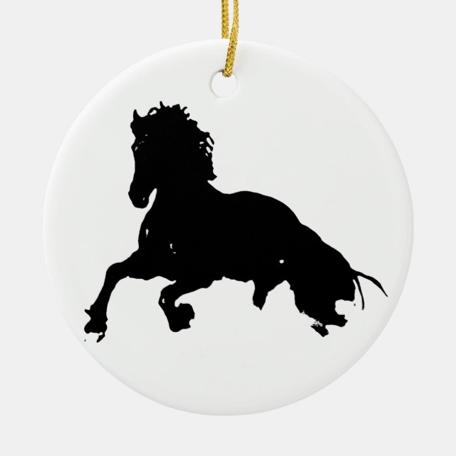 Black White Running Horse Silhouette Ceramic Ornament (Front)