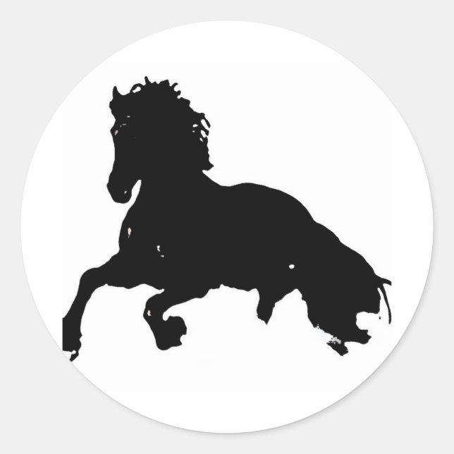 Black White Running Horse Silhouette Classic Round Sticker (Front)