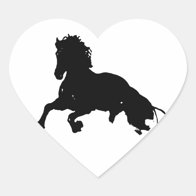 Black White Running Horse Silhouette Heart Sticker (Front)