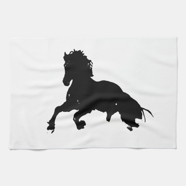 Black White Running Horse Silhouette Kitchen Towel (Horizontal)