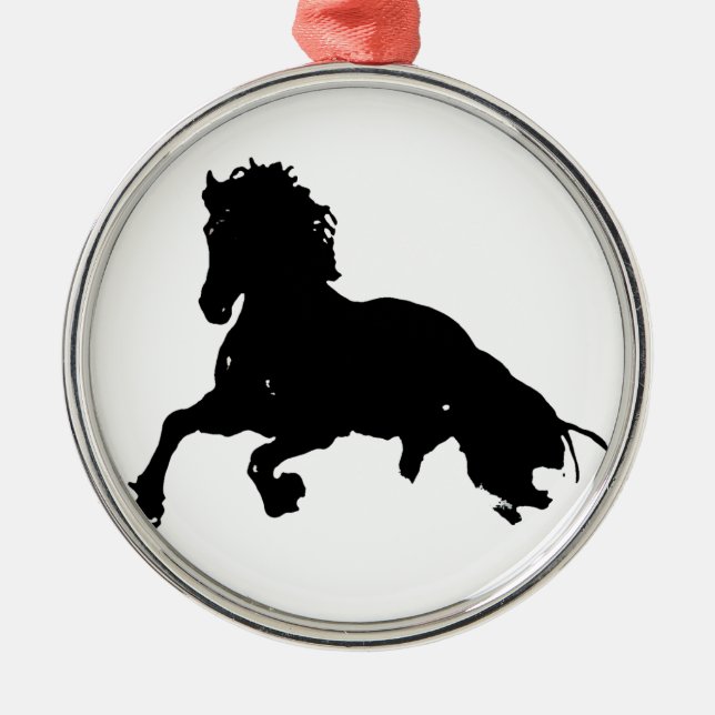 Black White Running Horse Silhouette Metal Ornament (Front)