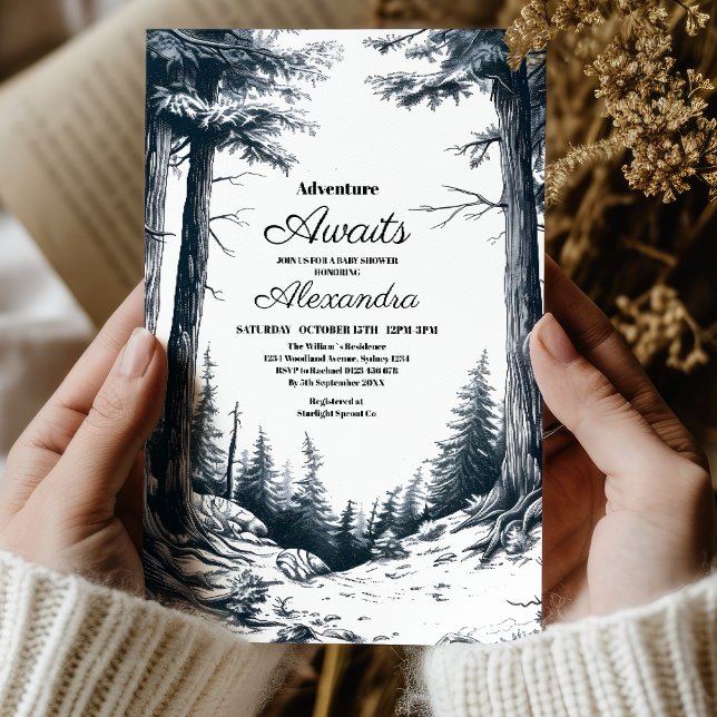 Black White Rustic Adventure Mountain Baby Shower Invitation (Creator Uploaded)