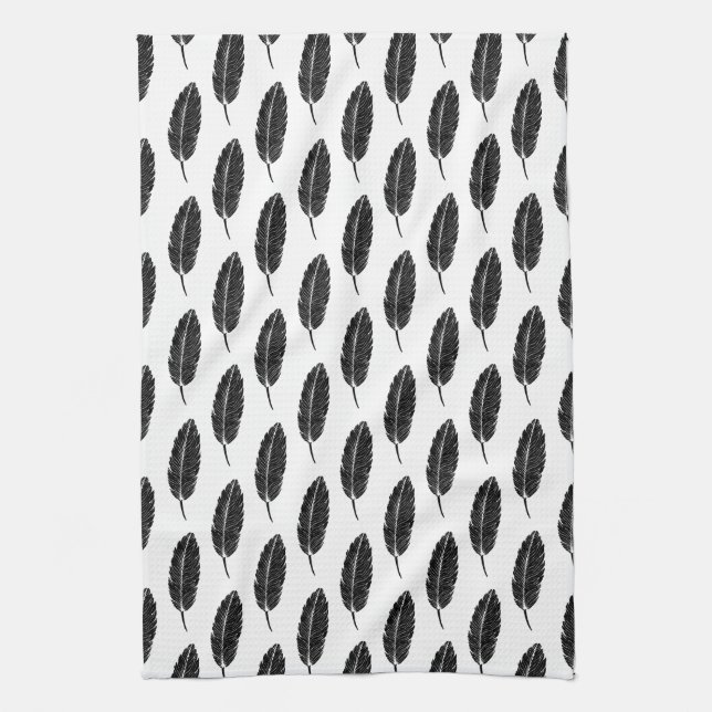 Black & White Rustic Feather Linocut Kitchen Towel (Vertical)