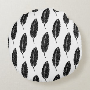 Black & White Rustic Feather Linocut Round Pillow