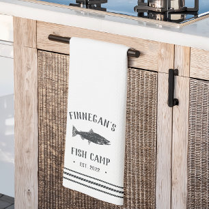 Black & White Rustic Fish Camp Personalized Kitchen Towel