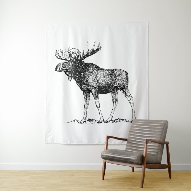 Black & White Rustic Moose Illustration Tapestry (In Situ)