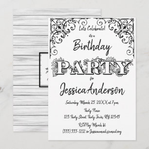 Black White Rustic Wood Floral Birthday Invitation