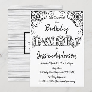 Black White Rustic Wood Floral Birthday Invitation