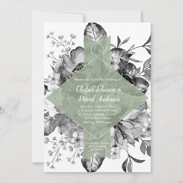 Black White Sage Green Floral Watercolor Wedding Announcement (Front)