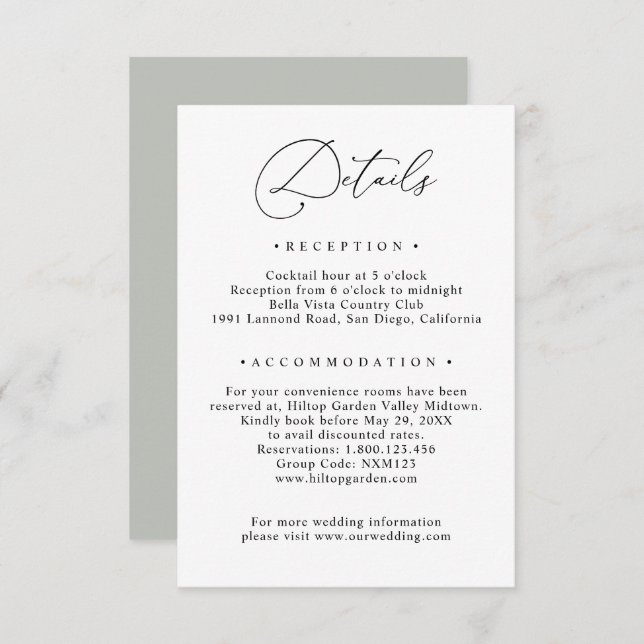 Black & White Sage Green Wedding Info Details Enclosure Card (Front/Back)