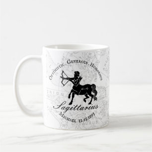 Black White Sagittarius Zodiac Custom Birthday Coffee Mug
