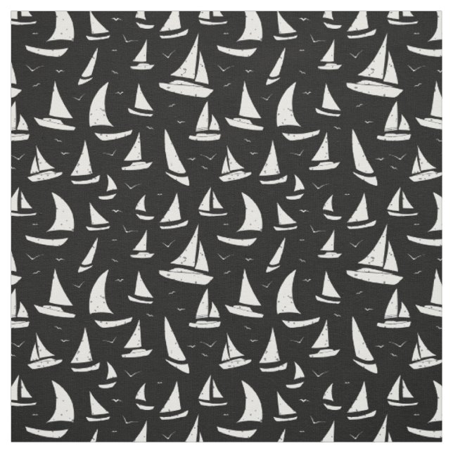 Black White Sailing Boats and Seagulls Pattern Fabric (Swatch)