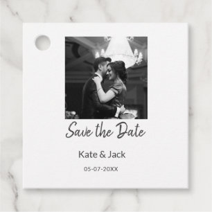 BLACK WHITE save the date add QR name date orange Favour Tags