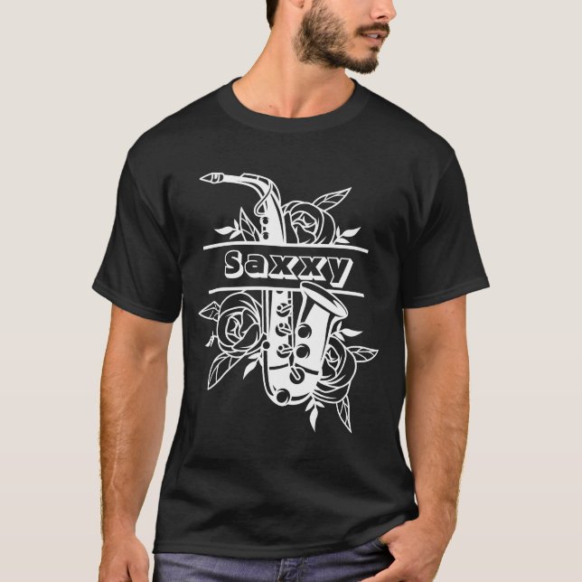 Black & White 'Saxxy' Saxophone, Musician T-Shirt (Front)