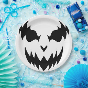 Black & White Scary Pumpkin Face Halloween Party Paper Plate