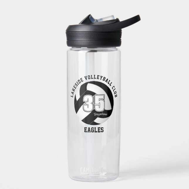 Black white school club team colours volleyball water bottle (Left)
