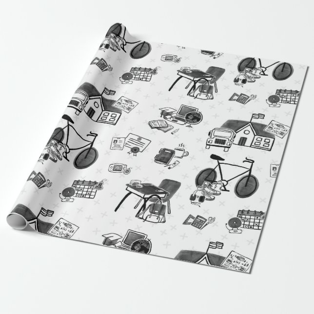 Black & White School Doodle Wrapping Paper (Unrolled)
