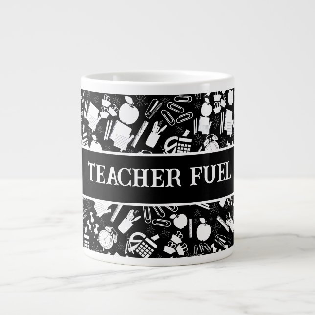 Black White school Supplies Pattern TeacherStudent Large Coffee Mug (Front)