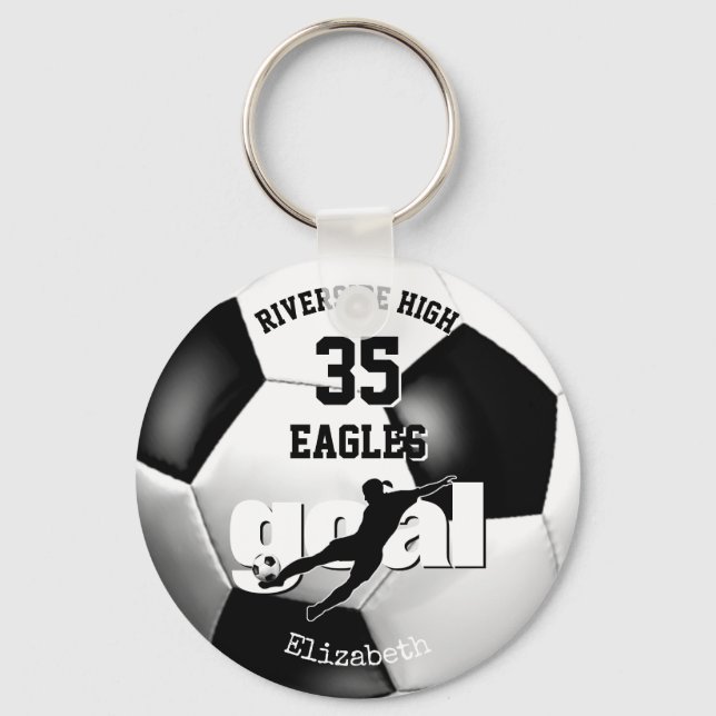 black white school team spirit girls soccer keychain (Front)
