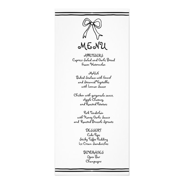 Black white scribble bow wedding menu card (Front)