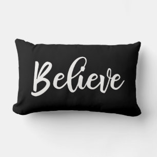 Black White Script Believe Christmas Lumbar Pillow