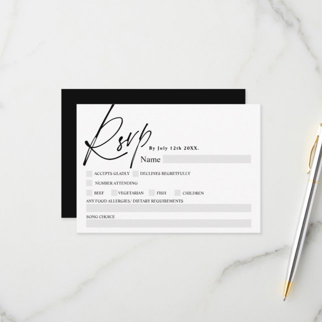 Black white script calligraphy food rsvp wedding card (Front/Back In Situ)