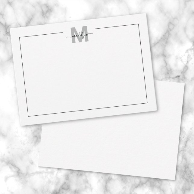 Black White Script Calligraphy Name Monogram Card (Black White Script Calligraphy Name Monogram Note Card)