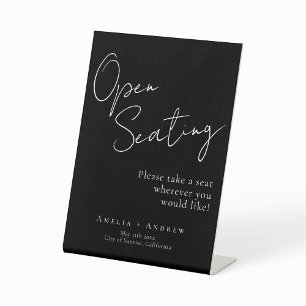 Black White Script Elegant Wedding Open Seating  Pedestal Sign