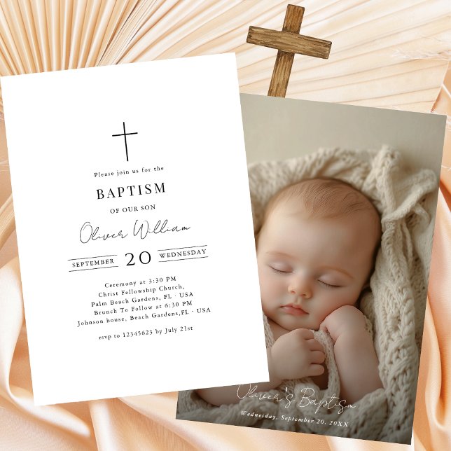 Black & White Script Gender Neutral Photo Baptism Invitation (Creator Uploaded)