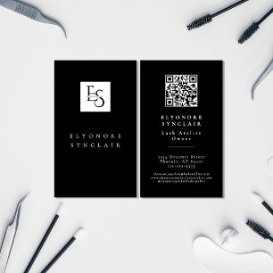 Black White Script Lashes Studio Logo QR Code Business Card