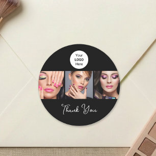 Black White Script Logo Photo Makeup Thank You Classic Round Sticker