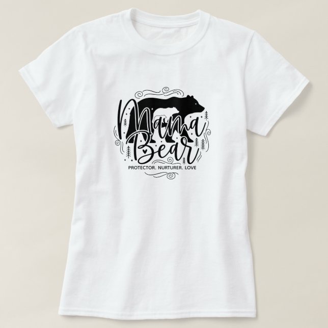 Black & White Script Mama Bear Protector Art T-Shirt (Design Front)