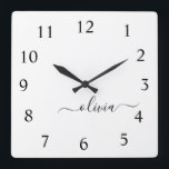 Black White Script Monogram Girly Name Square Wall Clock<br><div class="desc">White and Black Script Monogram Name Clock. This makes the perfect sweet 16 birthday,  wedding,  bridal shower,  anniversary,  baby shower or bachelorette party gift for someone that loves glam luxury and chic styles.</div>