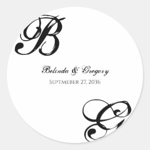 Black & White Script Monogram Wedding Classic Round Sticker