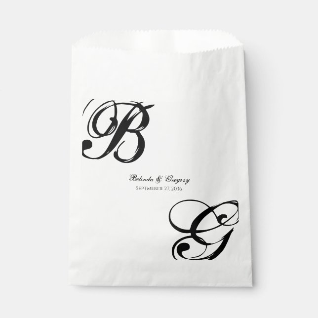 Black & White Script Monogram Wedding  Favour Bag (Front)