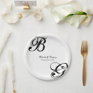 Black & White Script Monogram Wedding Paper Plate