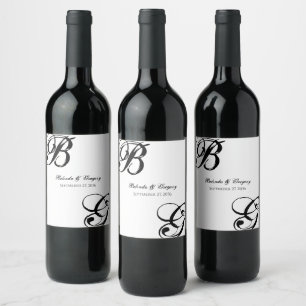 Black & White Script Monogram Wedding Wine Label