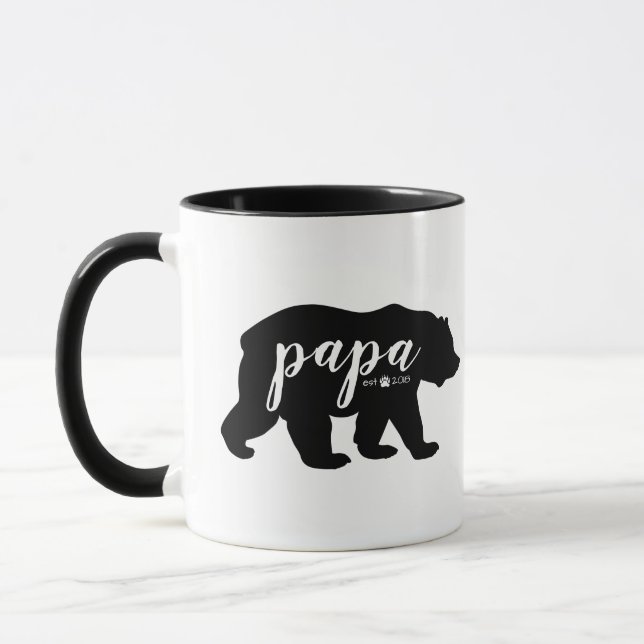 Black & White Script Papa Bear Established Year Mug (Left)